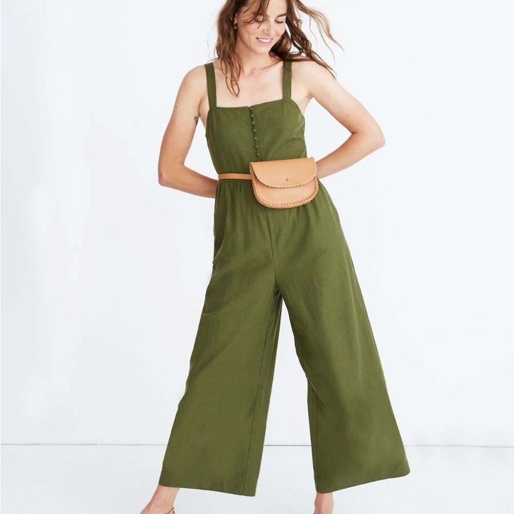 Madewell Button Down Jumpsuit Green Linen Cotton Size 0 T2